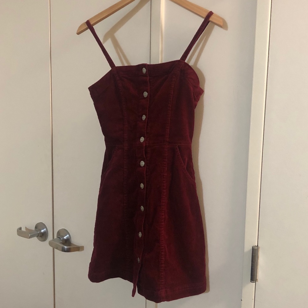 Burgundy Corduroy Strap Button Down Dress